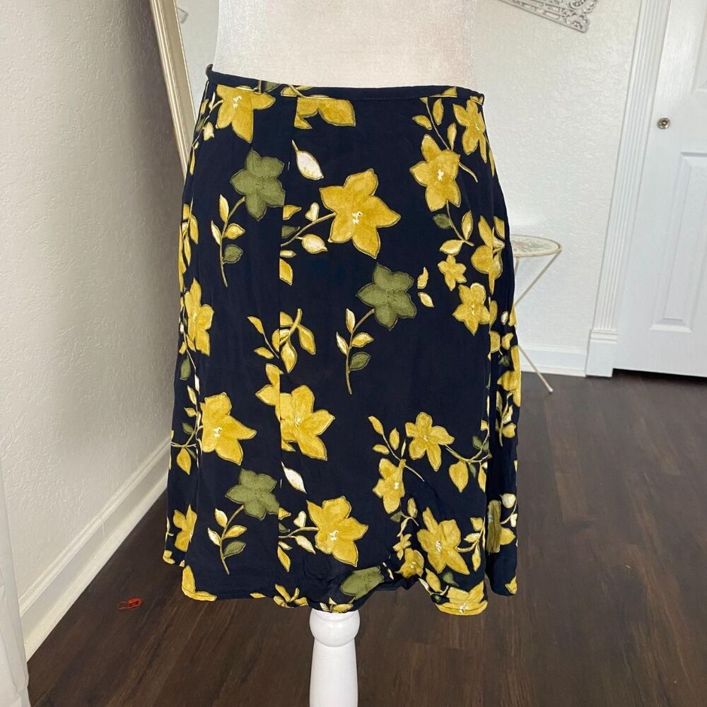 Vintage Whimsygoth Black Rayon Yellow Flower Floral Mini Skirt 14 / L